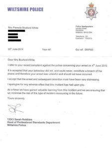 Wiltshire Police's letter of apology to Pamela Boxford-White, who pursued a civil claim against the police for unlawful arrest after alleged Breach of the Peace.