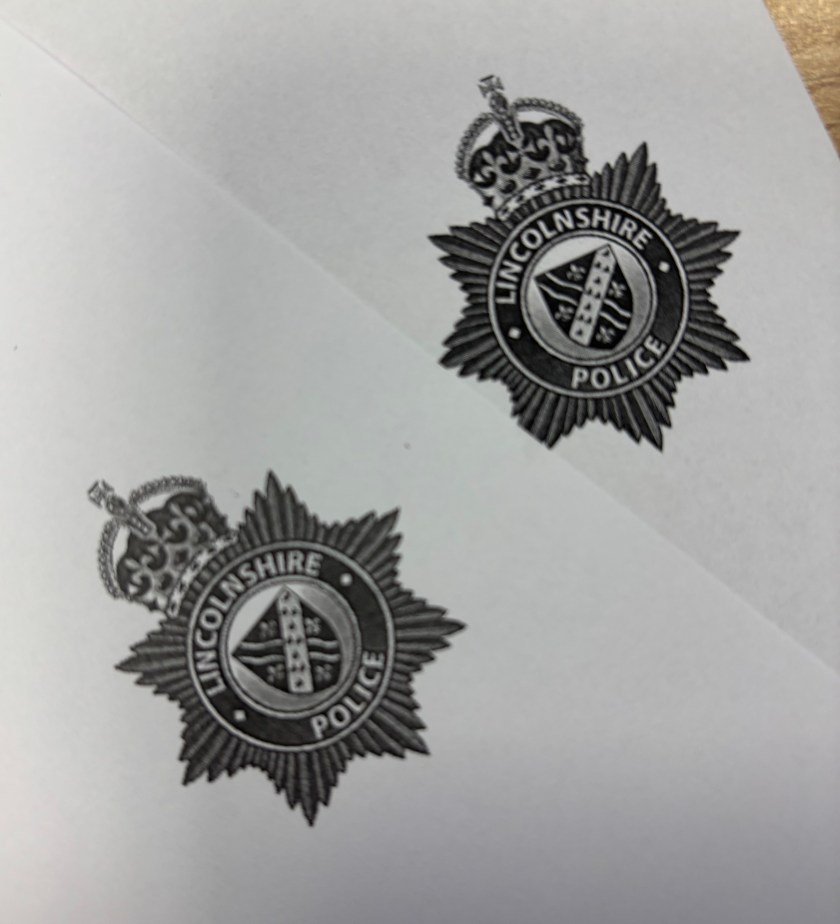 Photo of Lincolnshire police force crest on a letter.