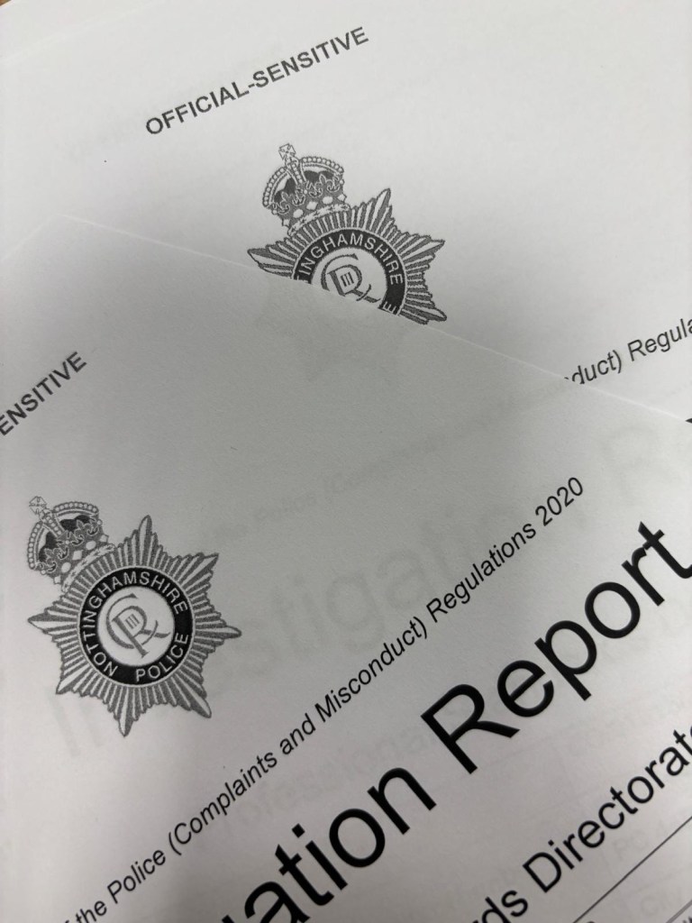 A photo of letters received from Nottinghamshire Police.